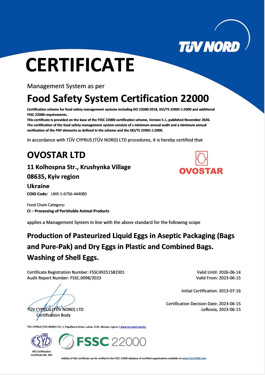 FSSC 22000 V5.1 Яєчні продукти OVOSTAR