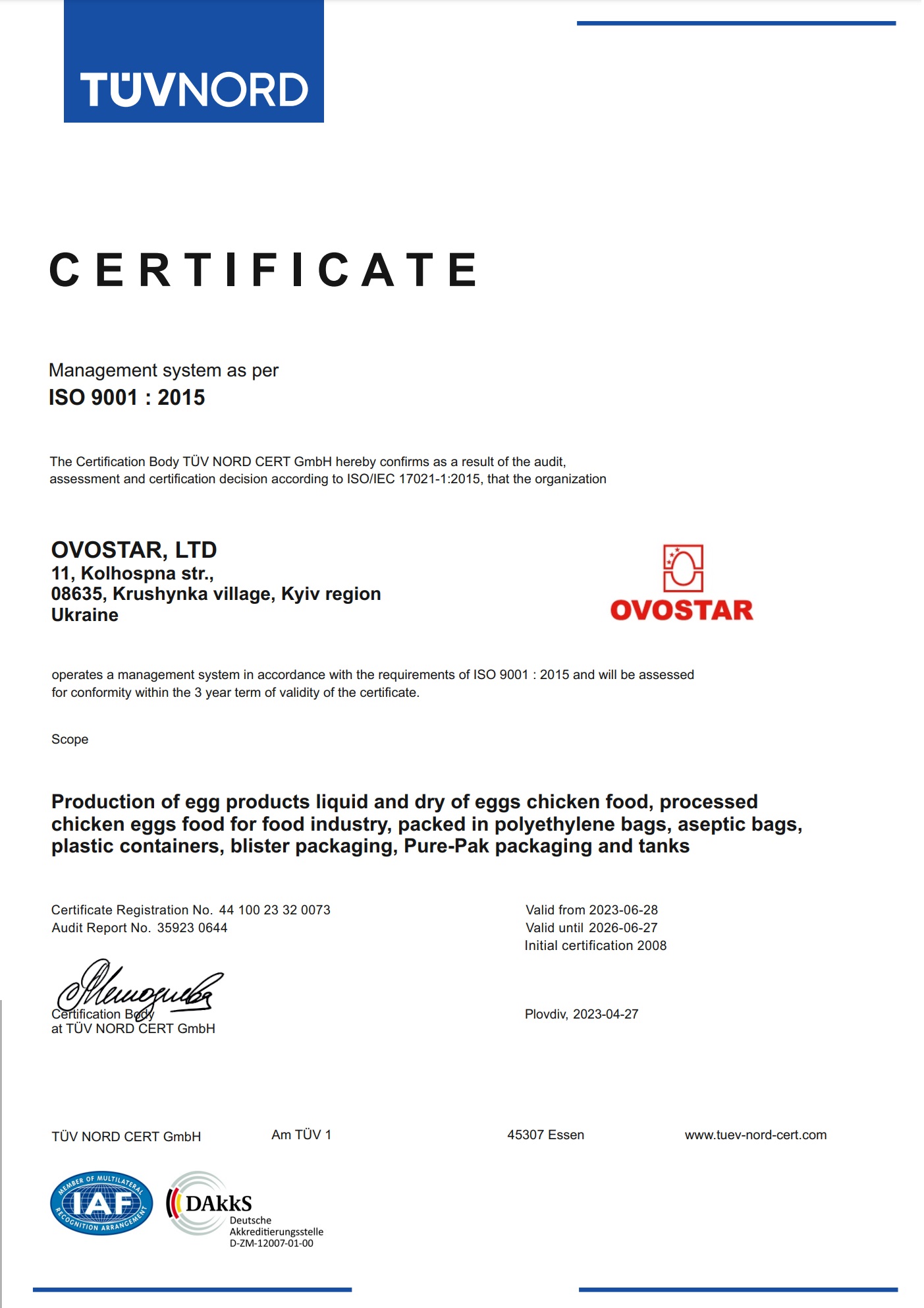 ISO 9001:2015 Egg products OVOSTAR