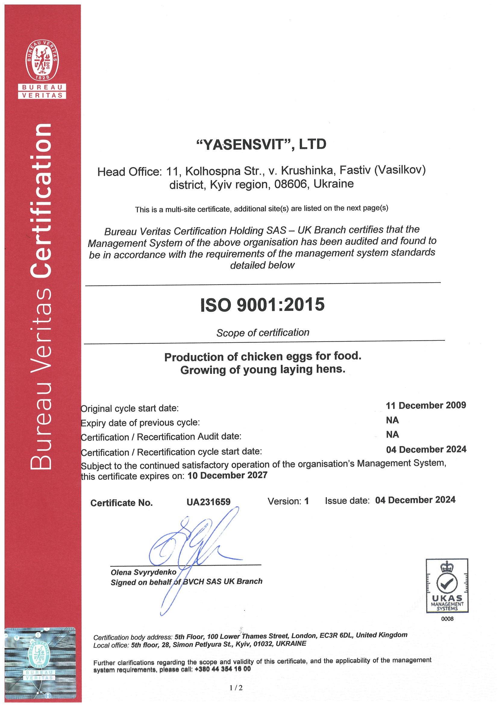 ISO 9001:2015, Fresh Egg production and young hens growing YASENSVIT Vasilkov